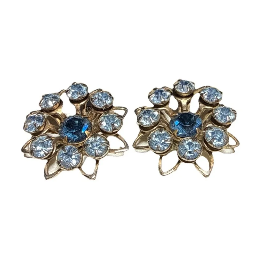 Vintage Blue Rhinestone Floral Style Screw Back Earrings J15-20